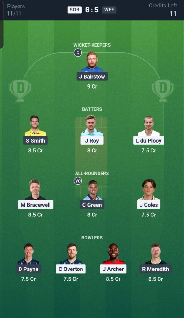 SOB vs WEF Dream11 Team 32nd Match