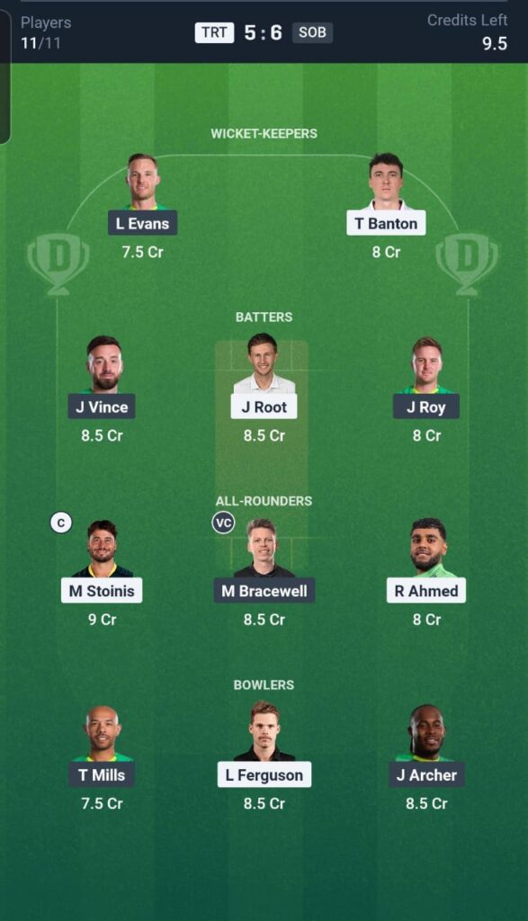 TRT vs SOB Dream11 Team 15th Match
