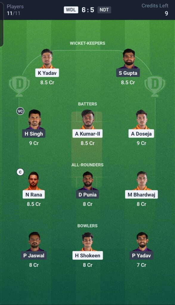 WDL vs NDT Dream11 Team 23rd Match
