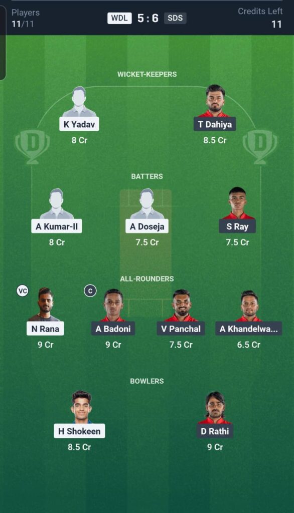 WDL vs SDS Dream11 Team 7th Match
