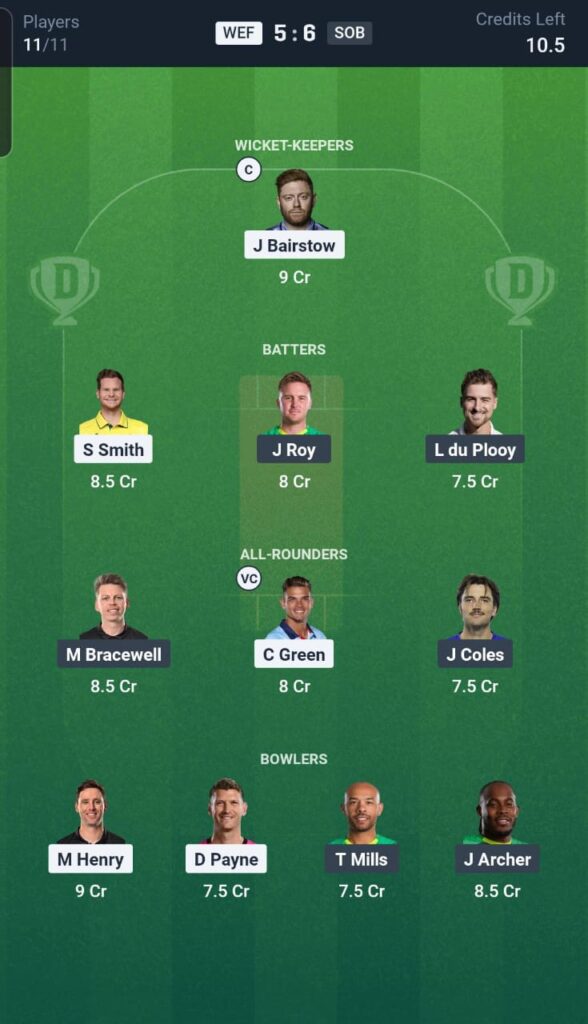 WEF vs SOB Dream11 Team 21st Match