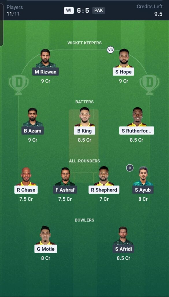 WI vs PAK Dream11 Team 1st ODI