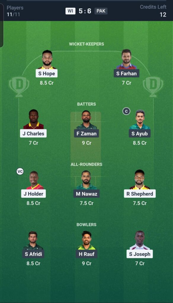 WI vs PAK Dream11 Team 2nd T20I