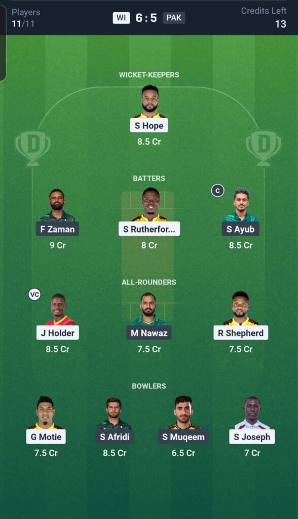 WI vs PAK Dream11 Team 3rd T20I
