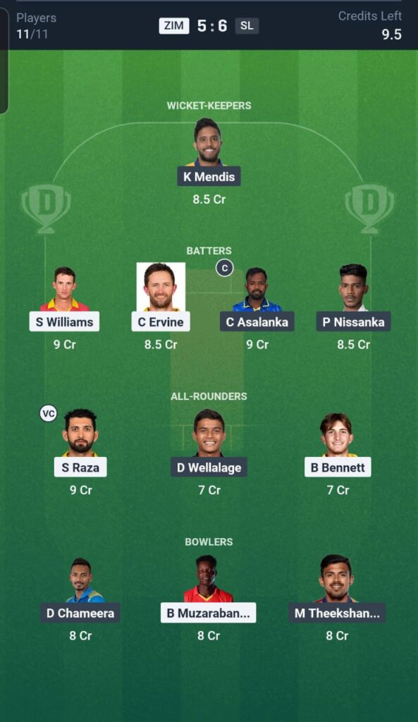 ZIM vs SL Dream11 Team 1st ODI