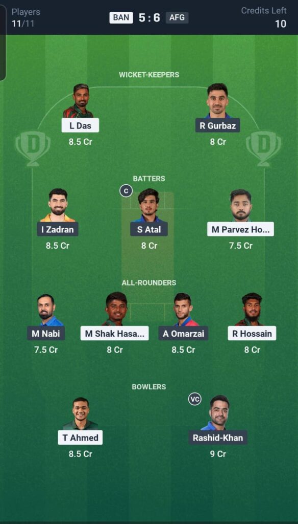 BAN vs AFG Dream11 Team 9th Match