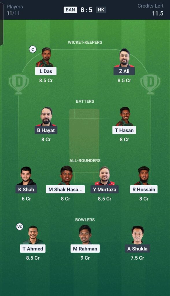 BAN vs HK Dream11 Team 3rd Match