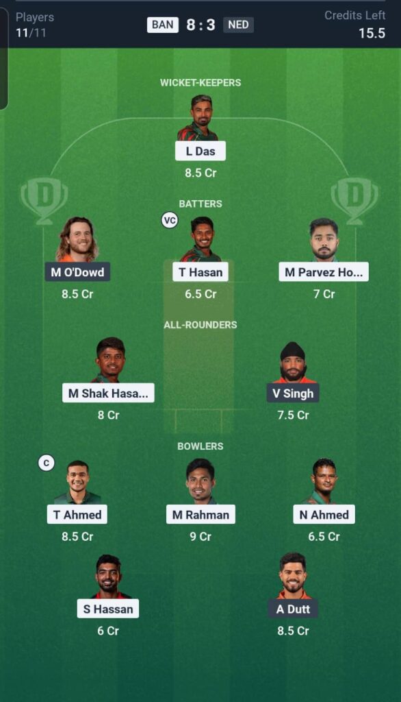 BAN vs NED Dream11 Team 3rd T20I