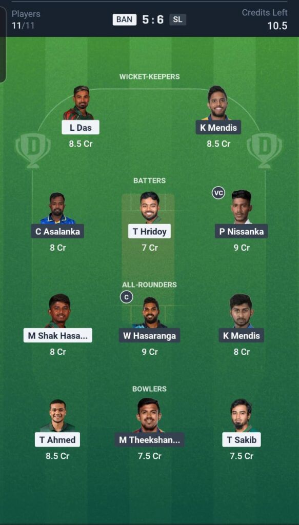 BAN vs SL Dream11 Team 5th Match