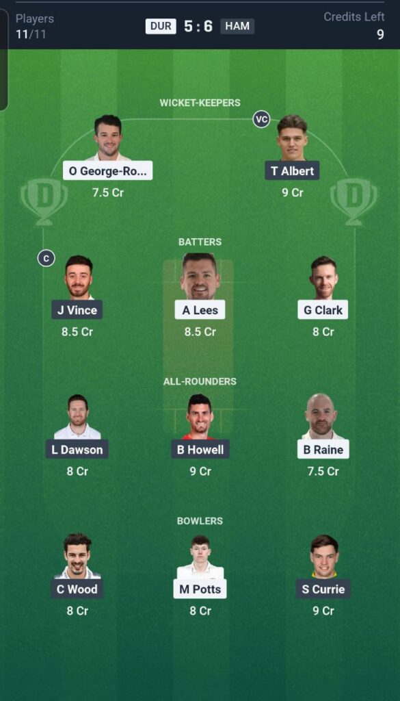 DUR vs HAM Dream11 Team 2nd Quarter Final Match