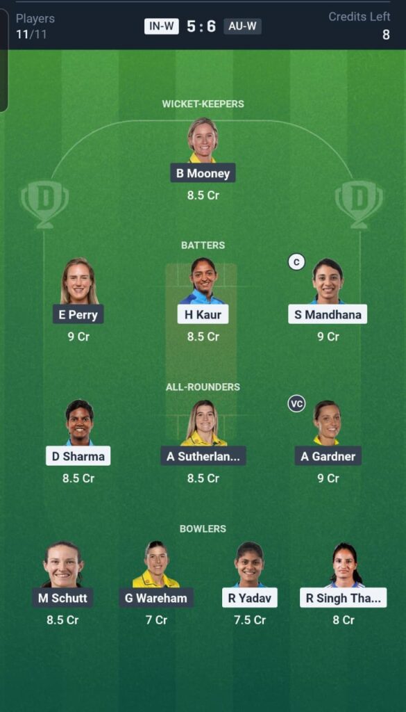 IN-W vs AU-W Dream11 Team 1st ODI