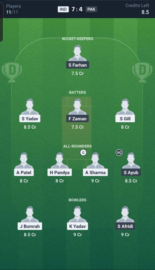 IND vs PAK Dream11 Team Final Match