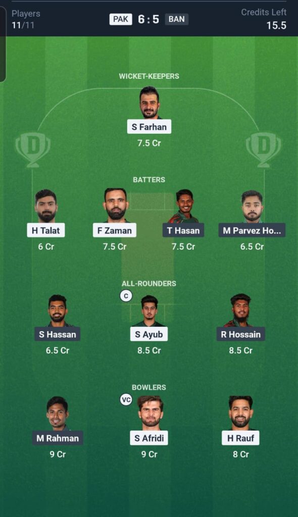 PAK vs BAN Dream11 Team 17th Match