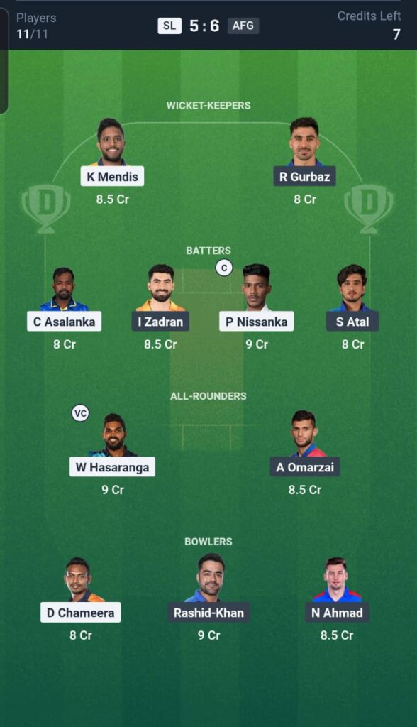 SL vs AFG Dream11 Team 11th Match