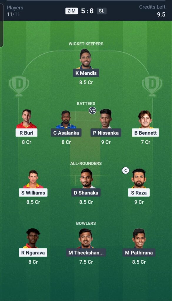 ZIM vs SL Dream11 Team 1st T20I