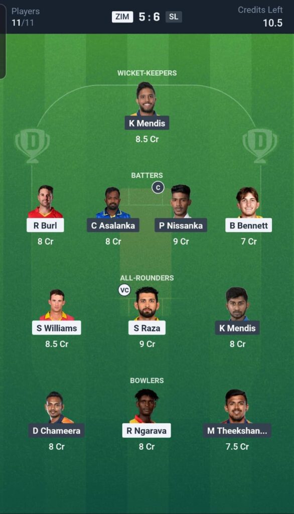 ZIM vs SL Dream11 Team 2nd T20I