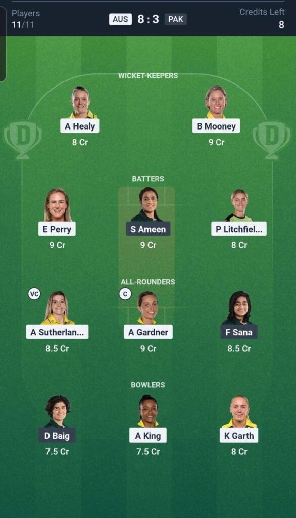 AUS-W vs PAK-W Dream11 Team 9th Match