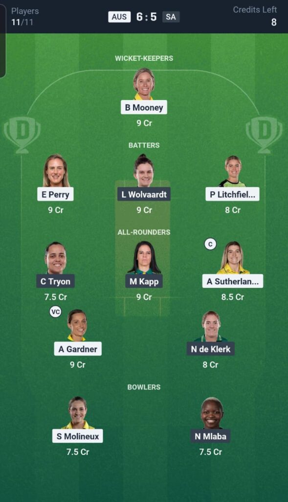 AUS-W vs SA-W Dream11 Team 26th Match