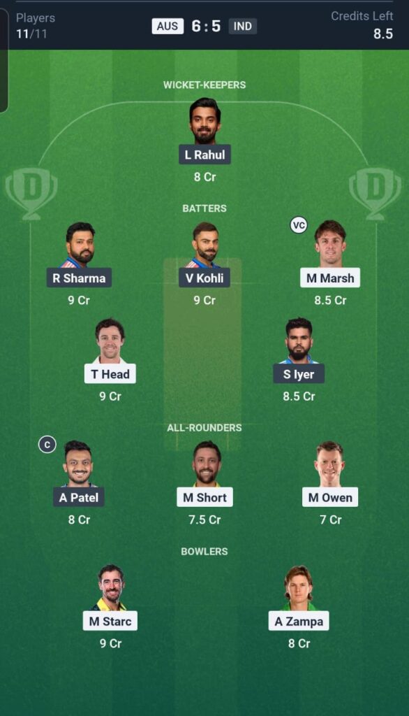 AUS vs IND Dream11 Team 3rd ODI