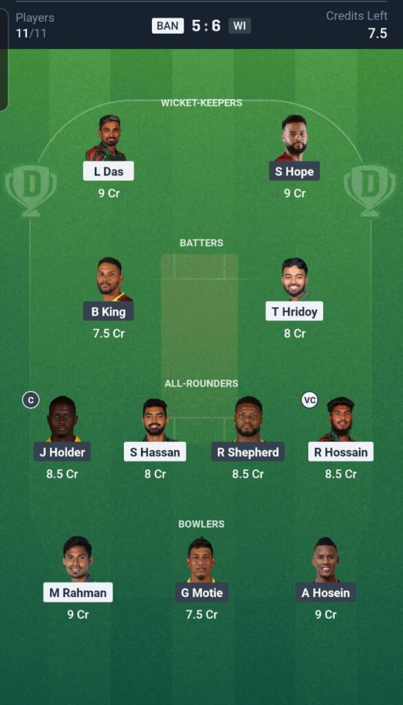 BAN vs WI Dream11 Team 1st T20I