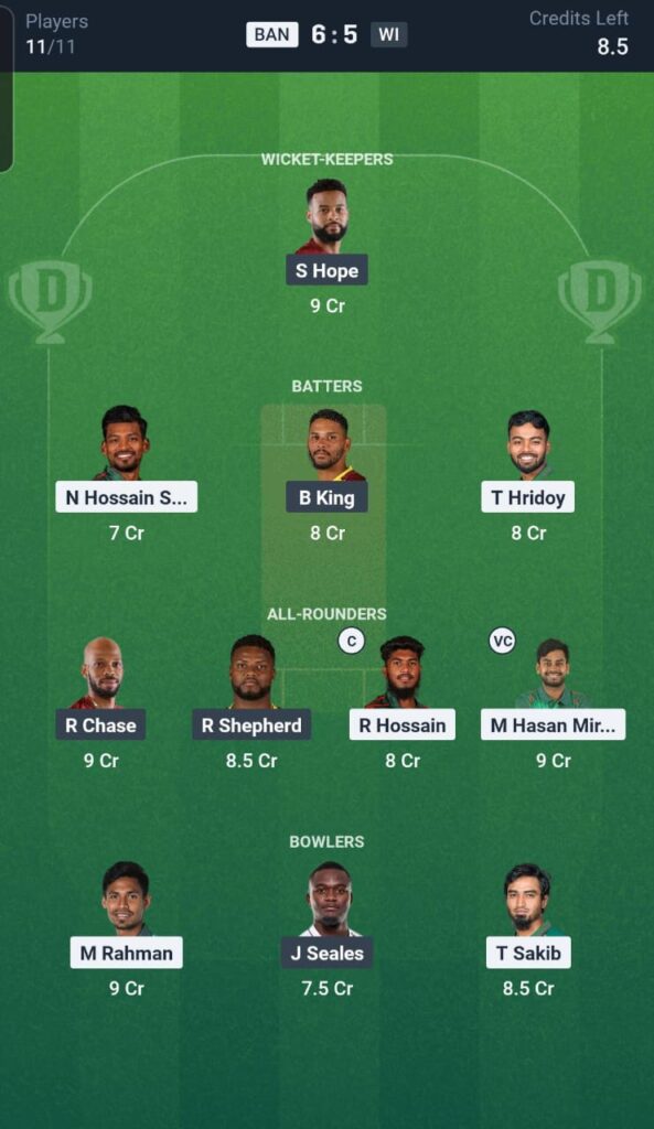 BAN vs WI Dream11 Team 2nd Match