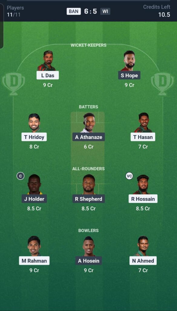 BAN vs WI Dream11 Team 3rd T20I