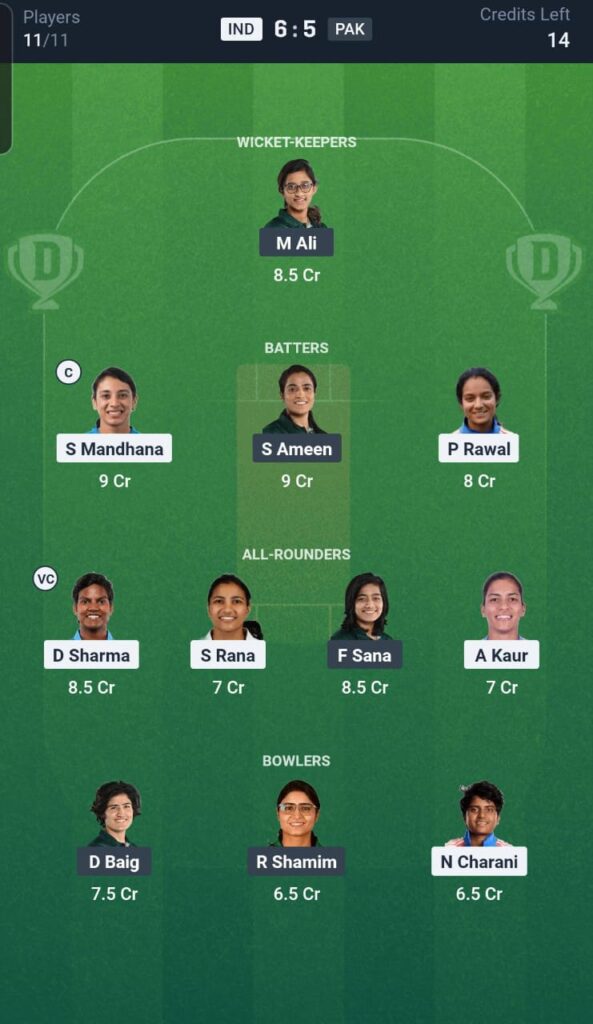 IND-W vs PAK-W Dream11 Team 6th ODI