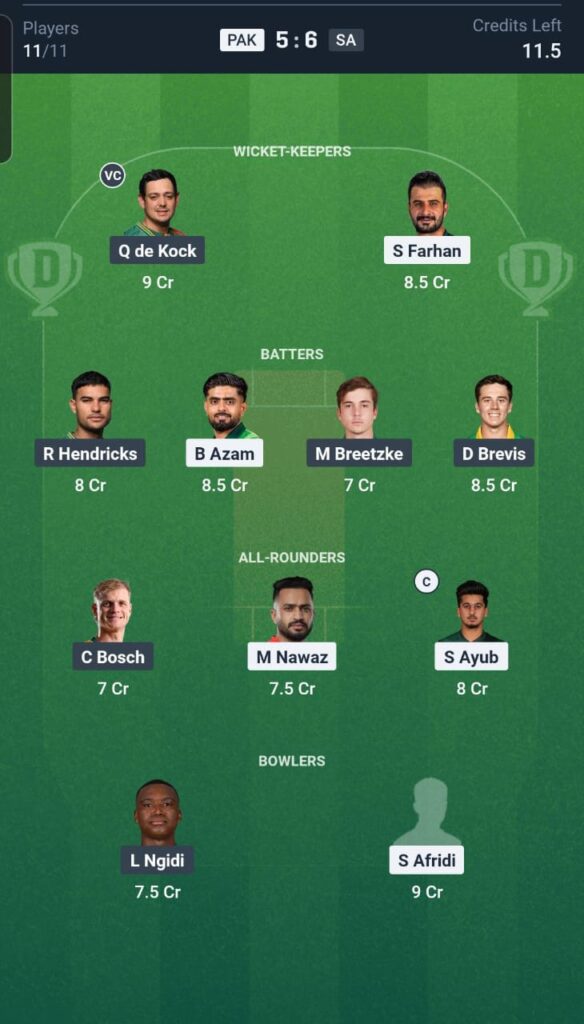 PAK vs SA Dream11 Team 1st T20I
