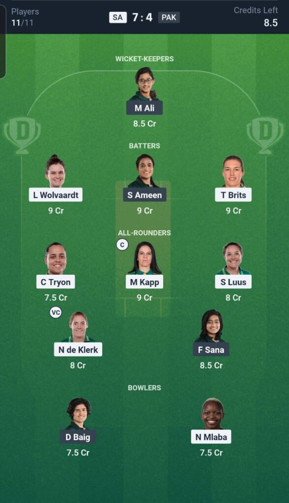 SA-W vs PAK-W Dream11 Team 22nd Match