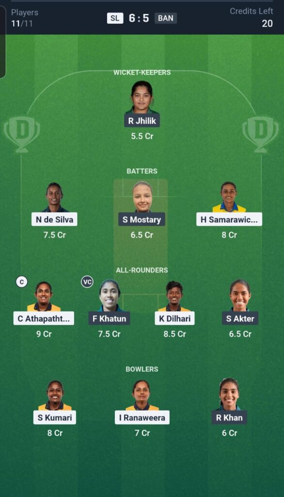 SL-W vs BAN-W Dream11 Team 21st Match