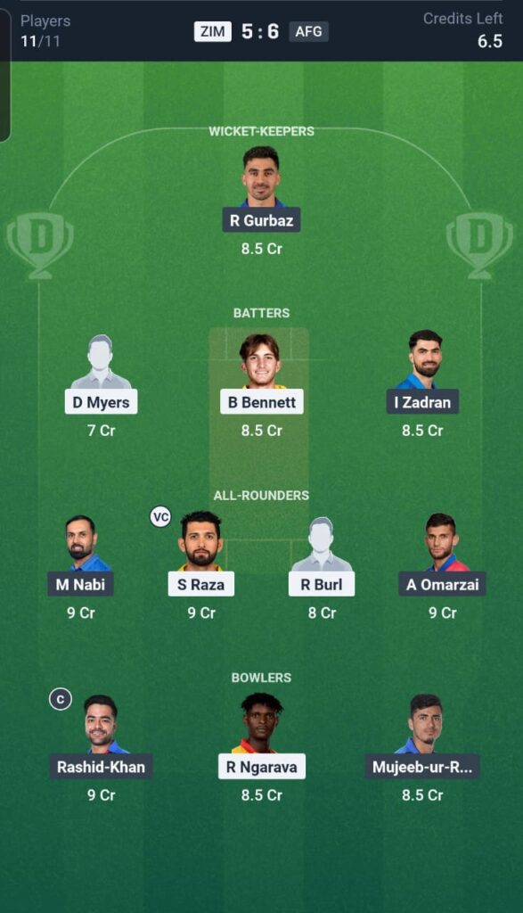ZIM vs AFG Dream11 Team 1st T20I