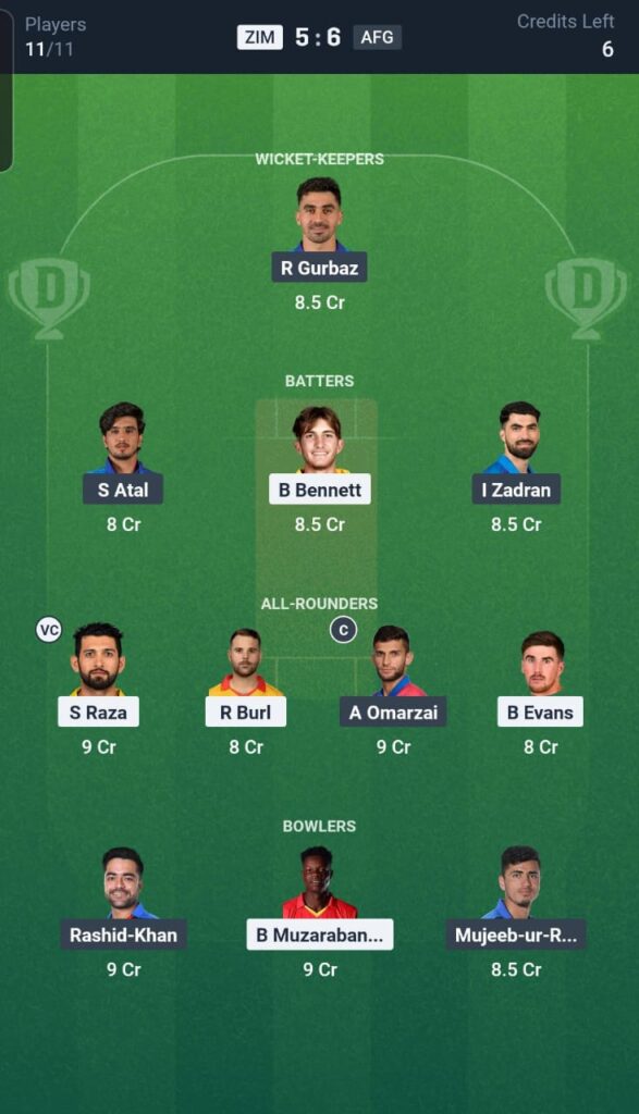 ZIM vs AFG Dream11 Team 2nd T20I