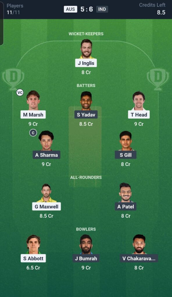 AUS vs IND Dream11 Team 3rd T20I