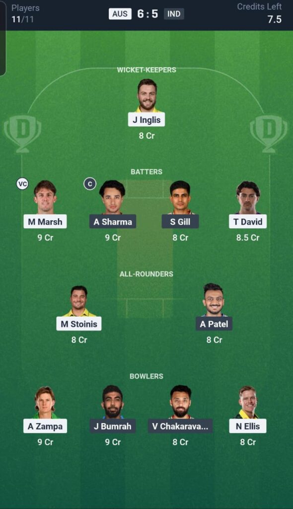 AUS vs IND Dream11 Team 5th T20I