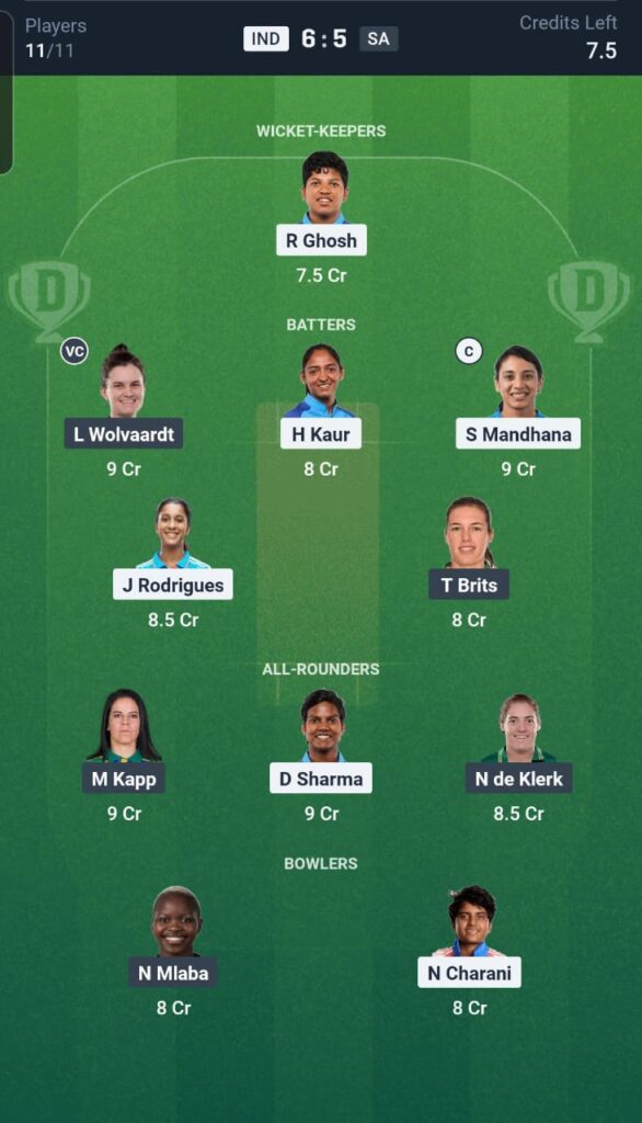 IND-W vs SA-W Dream11 Team Final Match