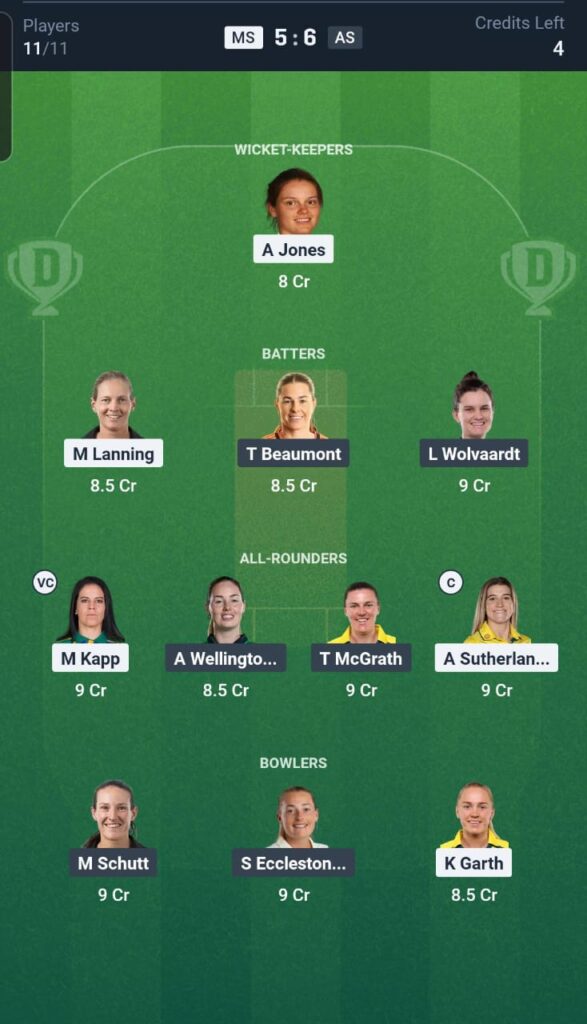 MS vs AS Dream11 Team 4th Match WBBL 2025