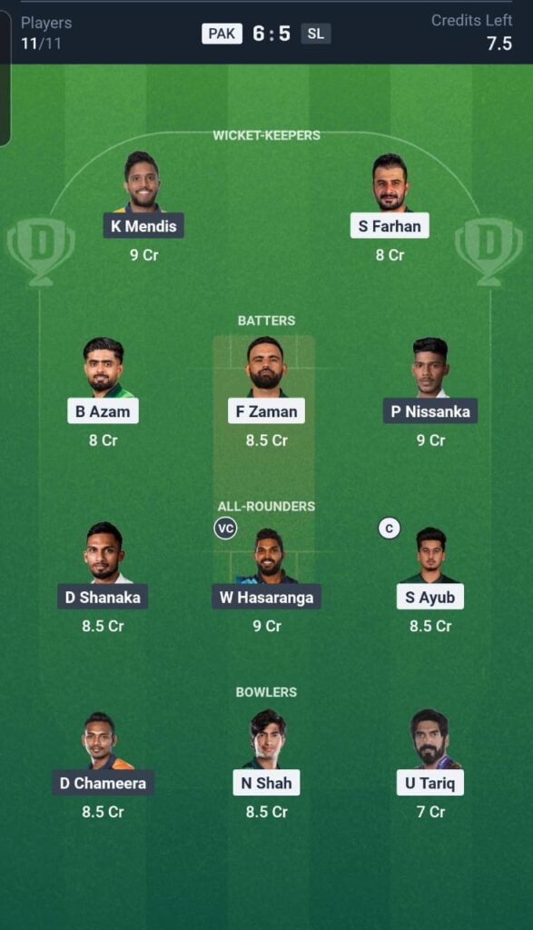 PAK vs SL Dream11 Team 6th match