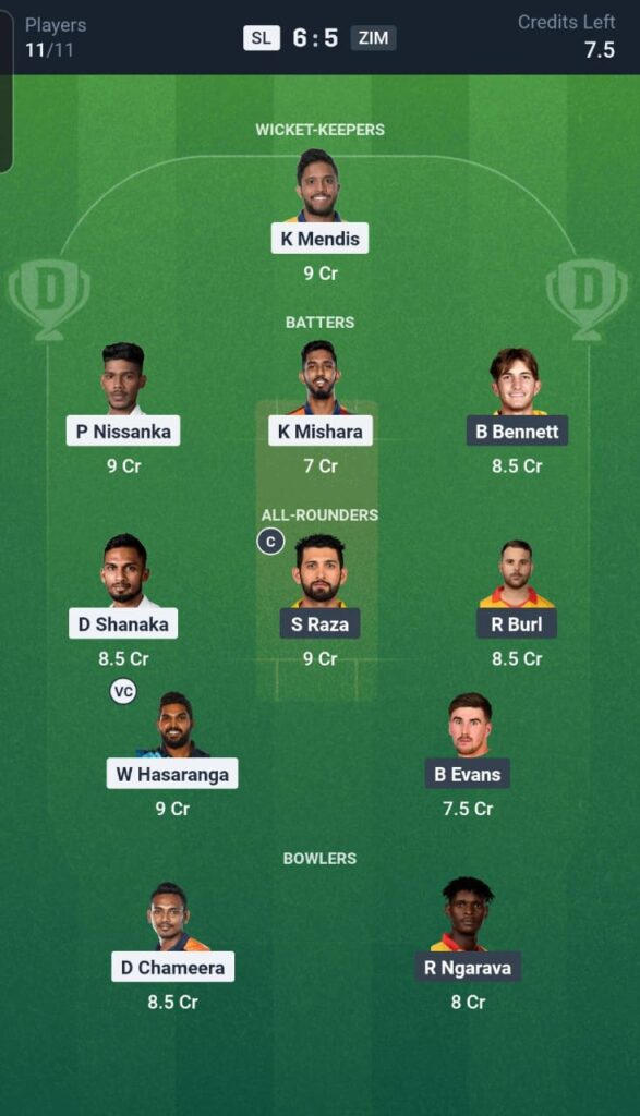 SL vs ZIM Dream11 Team 5th Match