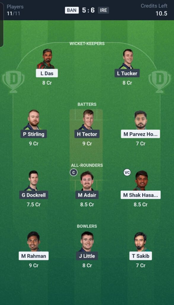 BAN vs IRE Dream11 Team 3rd Match