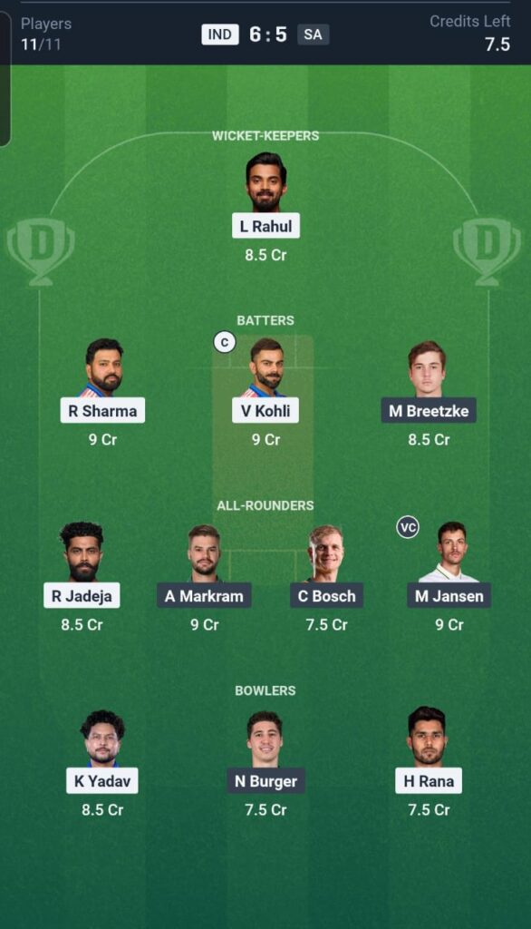 IND vs SA Dream11 Team 2nd ODI