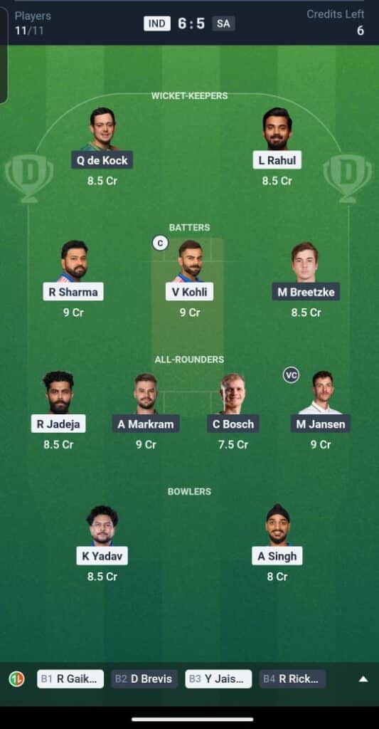 IND vs SA Dream11 Team 3rd ODI